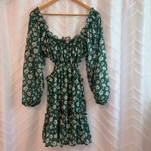 Flying Tomato Green Floral Cut-Out Mini Dress Boho‎ Cottagecore Ruffle Medium